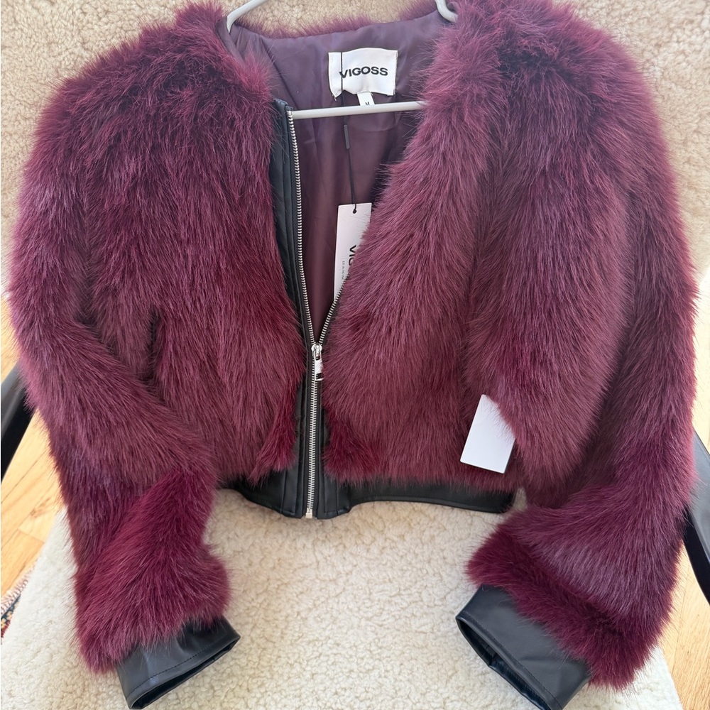 Vigoss Women's Teddy Jacket - Deep Burgundy Faux Fur, Faux leather trim